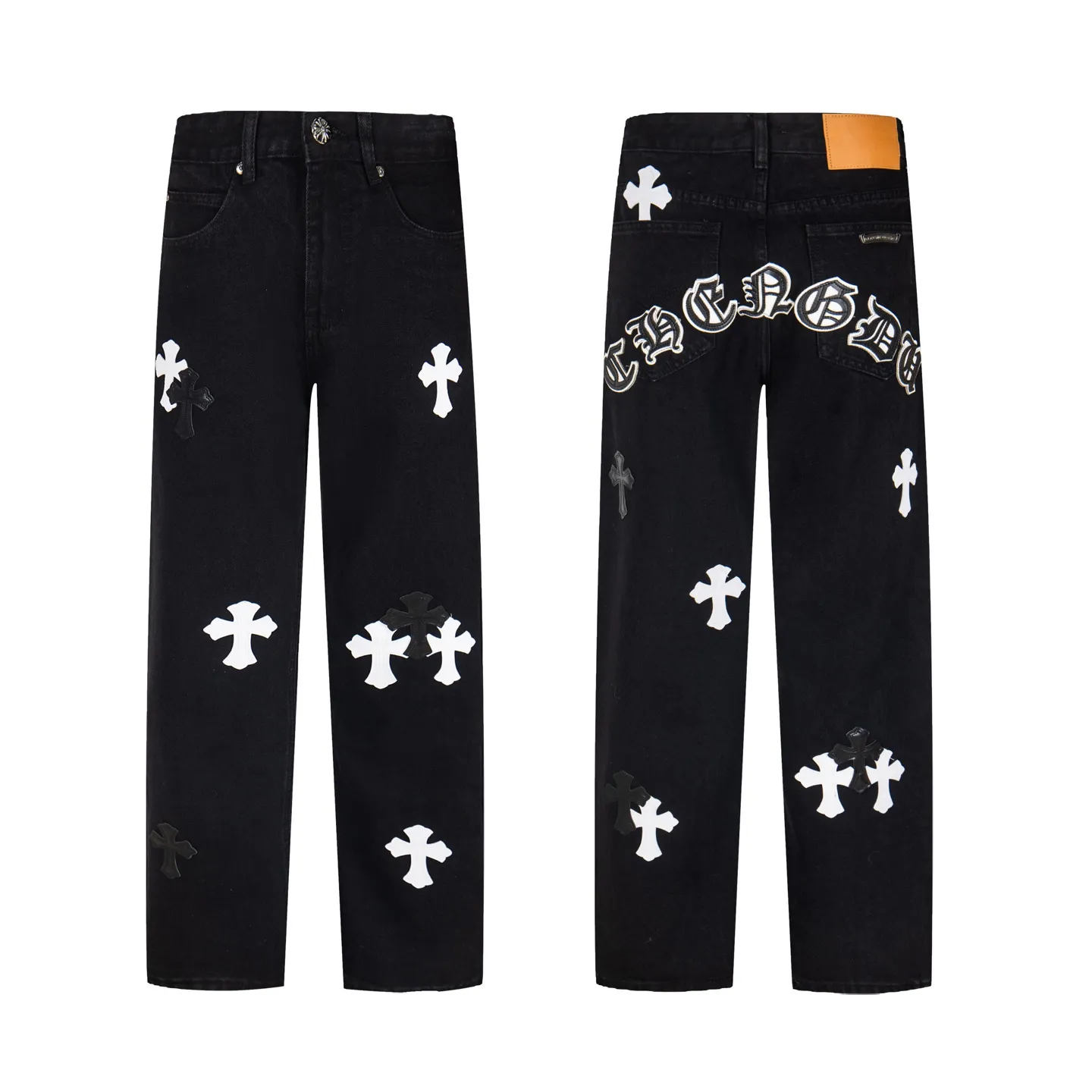 P260 Chrome Hearts Black Pants Sanskrit Black and White Patch Leather Jeans CH jeans need to be washed and then disassembled and hand-stitched with sheepskin cross leather and then spliced ​​together to complete. The whole piece has too many craftsmanship to explain, patchwork cross pattern embellishment, high-waisted washed jeans! ! Absolutely high-end luxury products, god-level single products and super popular products, made with top heavy industry, a must-see magic weapon. Customized hardware. The fabric is thick and soft after washing. It has good breathability. Customized small leather label. Unique design. The details are simple and elegant, and the workmanship is exquisite. The entire trousers are neatly routed and the details are in place! It’s so cool that both men and women can easily control the genderless trend! Style number: 1875# Color: black Size: 28 30 32 34
